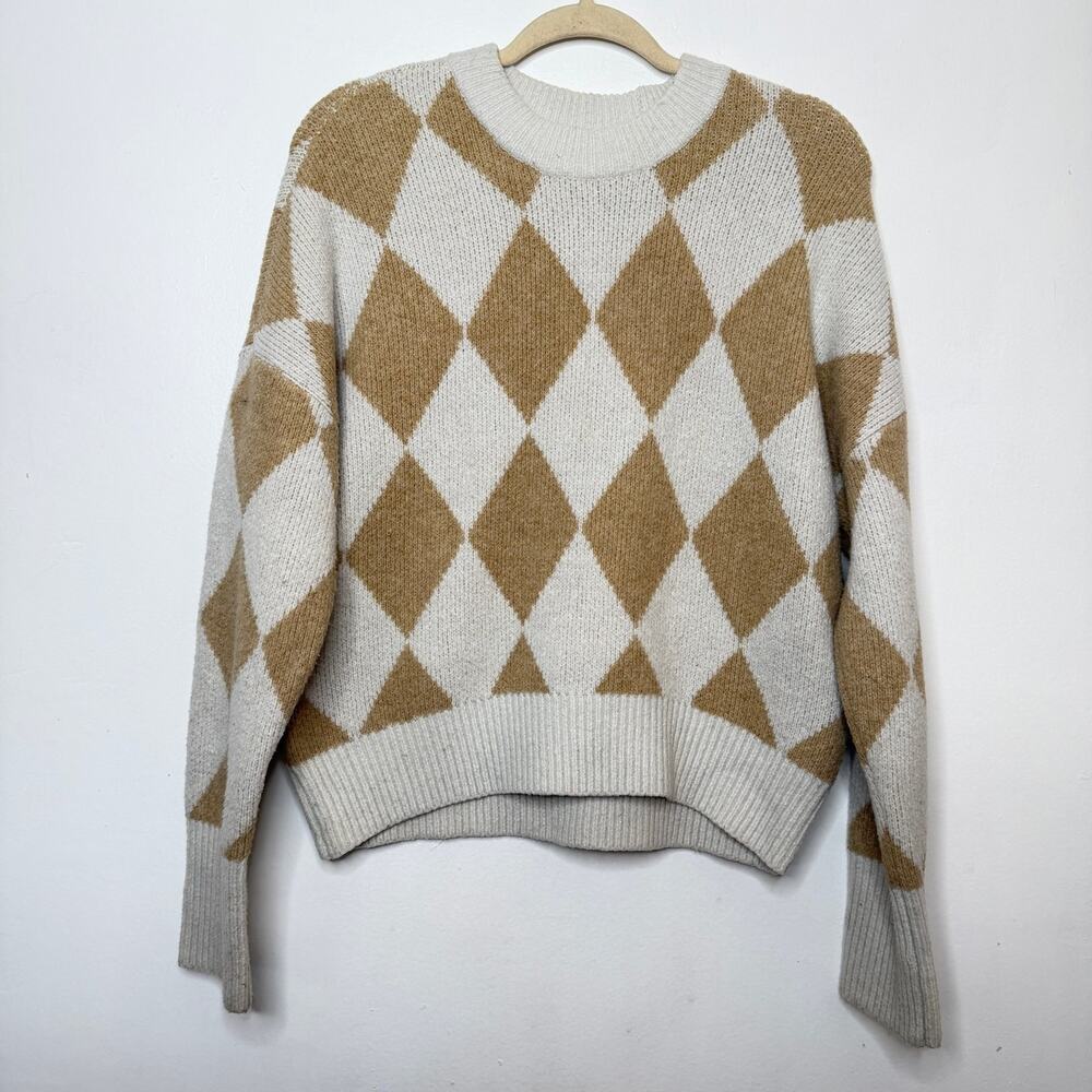 Abercrombie & Fitch Oversized Argyle Sweater Tan Cream Y2K Preppy Size S